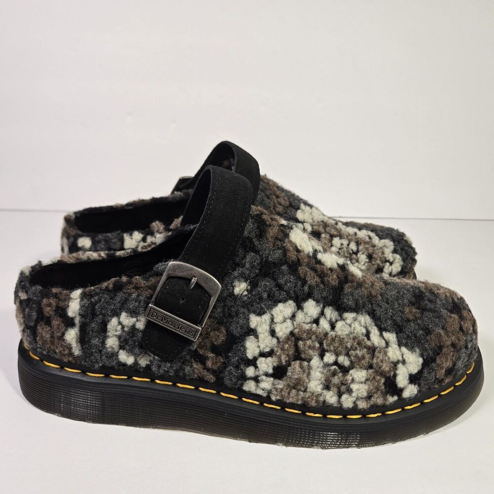 Dr. Martens Isham Black Crochet Mens 10 Womens 11 Wool Faux Fur Slides Clog Slip